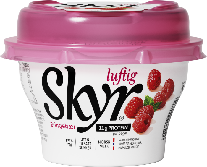 Skyr Luftig Bringebær 3D render mai 2026